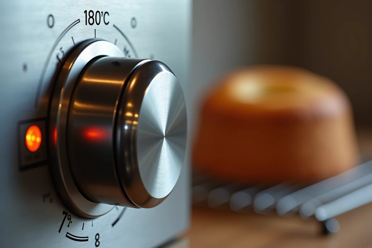 Gros plan sur le thermostat d'un four domestique réglé à 180 degrés Celsius avec un gâteau doré en arrière-plan flou
