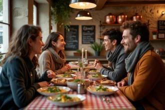 Groupe d'amis dégustant un repas végétarien dans un bouchon lyonnais