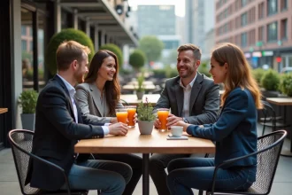 Groupe de professionnels souriants en terrasse urbaine après travail