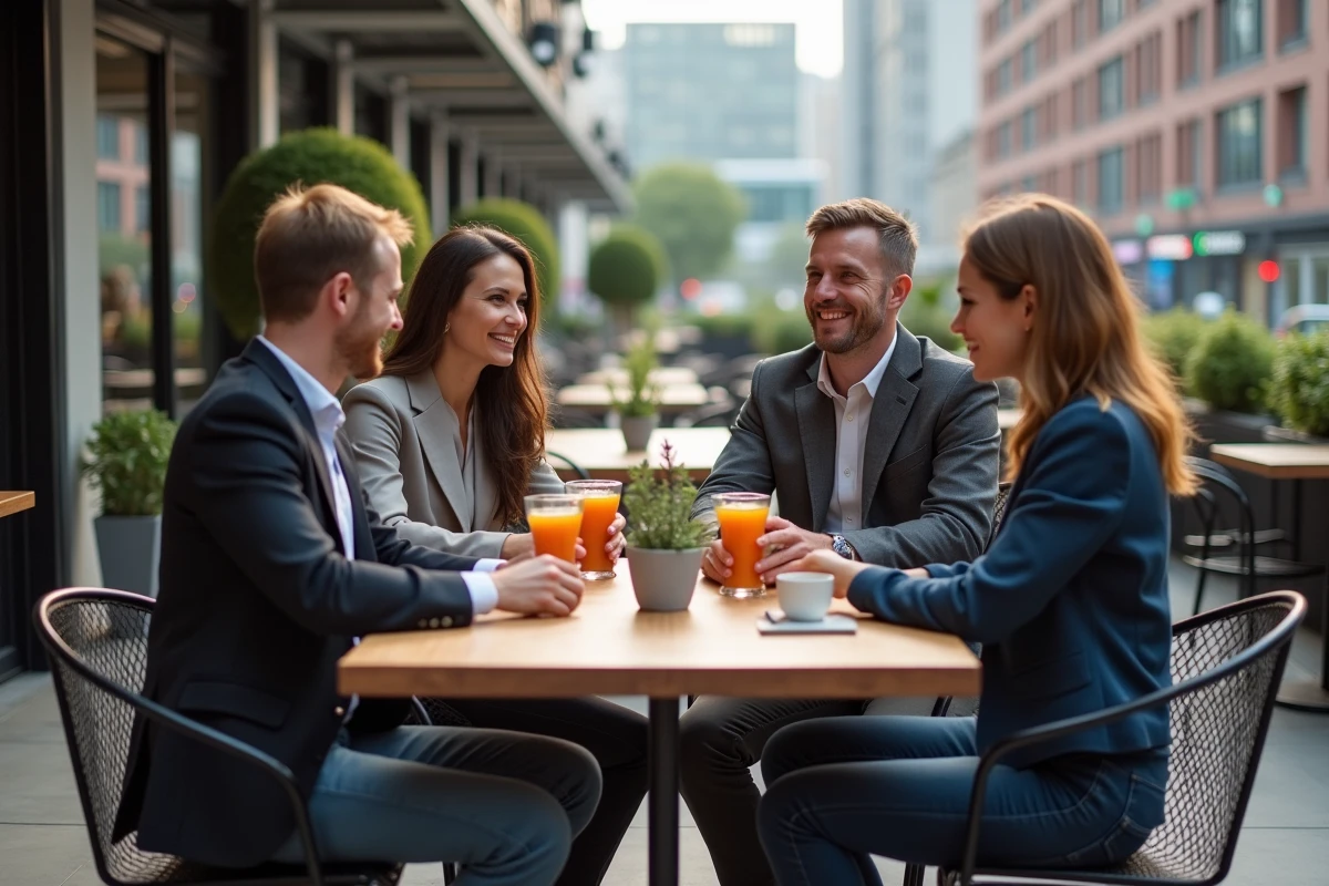 Groupe de professionnels souriants en terrasse urbaine après travail