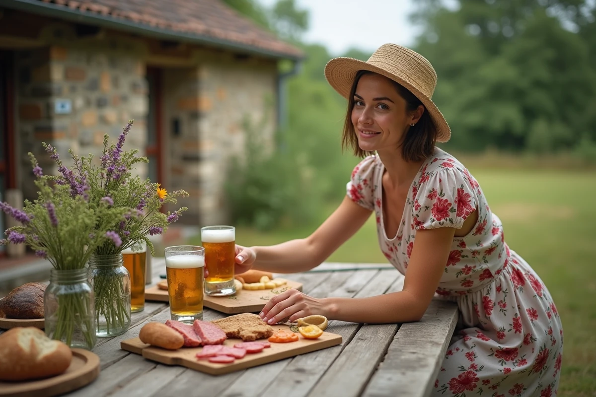 Femme profitant d'un moment de détente à la guinguette de la ferme avec une planche de charcuterie et une bière artisanale locale