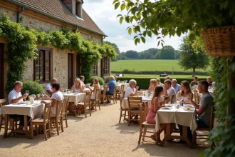 Terrasse en plein air de la Guinguette de la Ferme près de Lille, avec tables en bois, chaises vintage et ambiance conviviale à la campagne