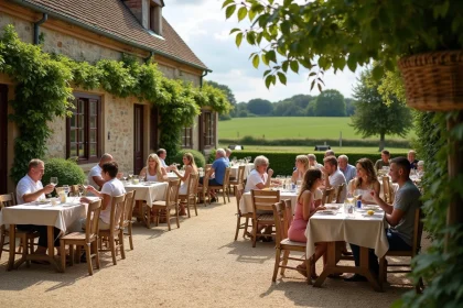 Terrasse en plein air de la Guinguette de la Ferme près de Lille, avec tables en bois, chaises vintage et ambiance conviviale à la campagne