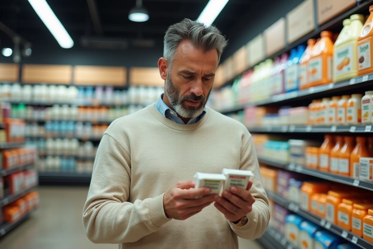 Homme examinant des paquets de culture de yaourt en magasin