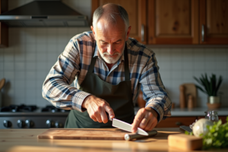 Homme mature affutant un couteau de cuisine dans une cuisine lumineuse