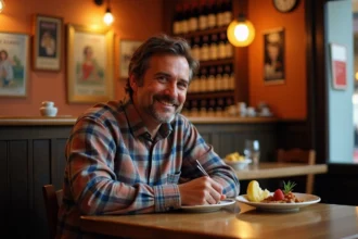 Homme souriant dans un bouchon lyonnais traditionnel