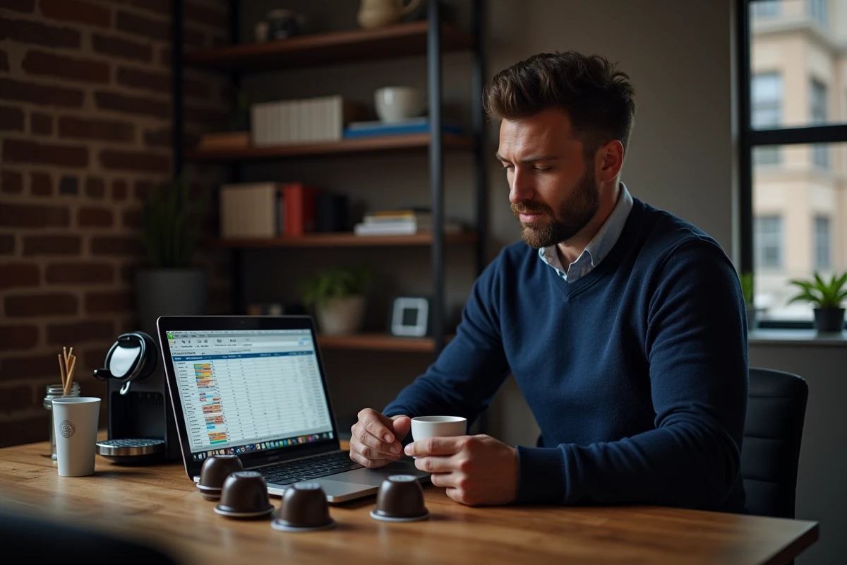 Homme calculant ses économies sur les capsules café compatibles Nespresso dans un bureau à domicile