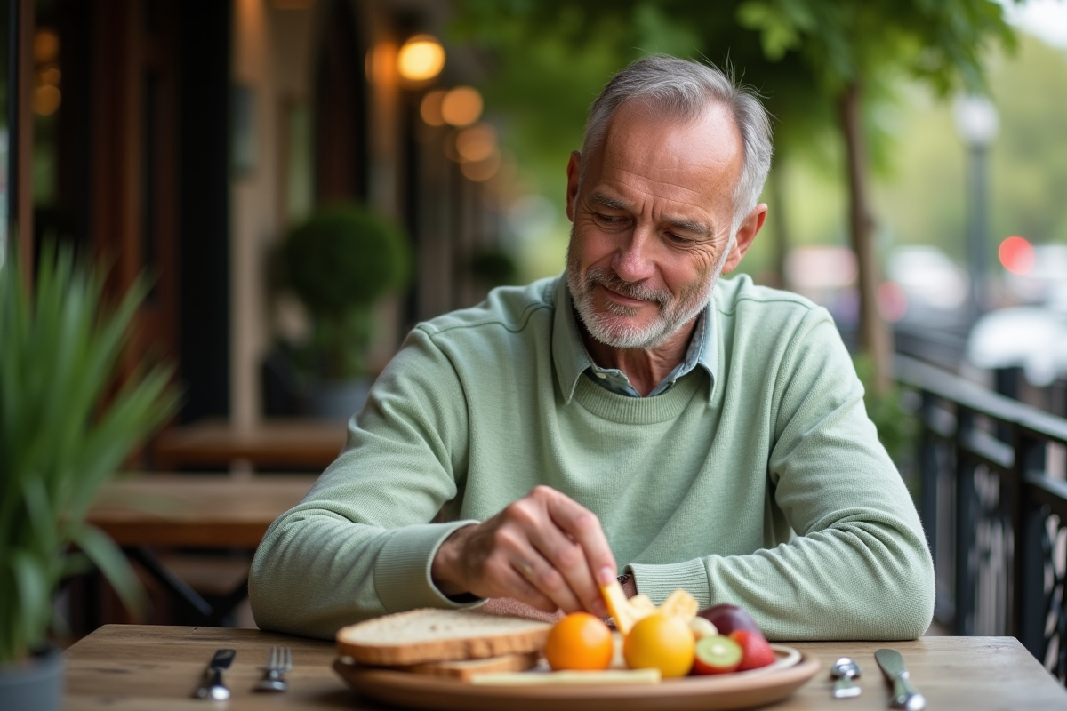 Homme dégustant du fromage dans un café en plein air