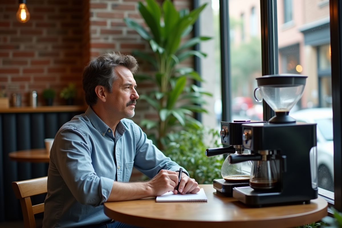 Homme évaluant des machines à café dans un café urbain
