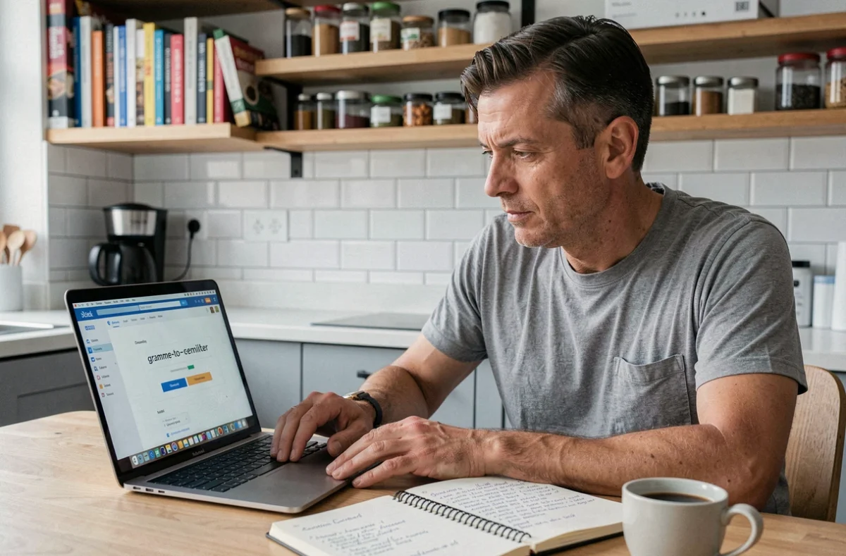 Homme consultant un convertisseur gramme en centilitre sur son ordinateur portable à une table de cuisine moderne avec un carnet de recettes