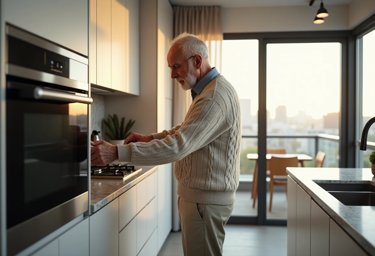 Homme ajustant la température d’un four moderne dans une cuisine