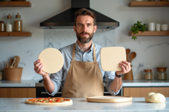 Homme en tablier compare pierre à pizza ronde et carrée