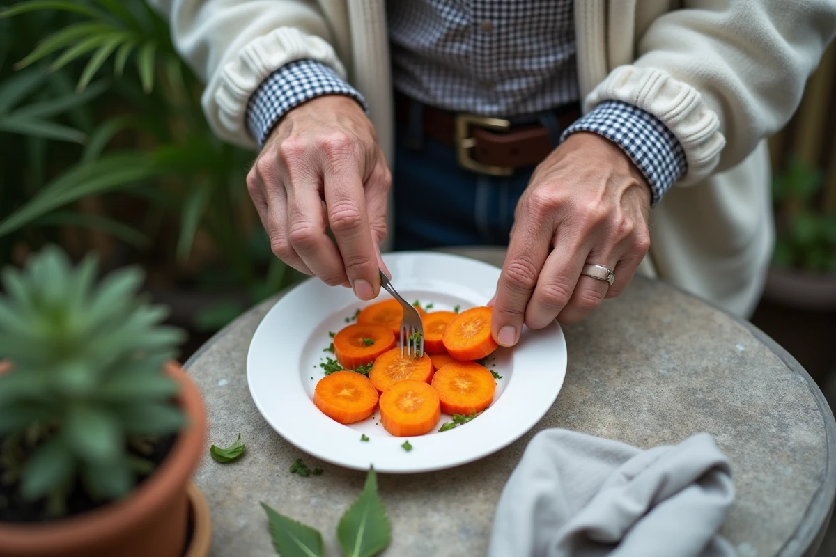 Homme âgé garnissant des carottes sur une table extérieure