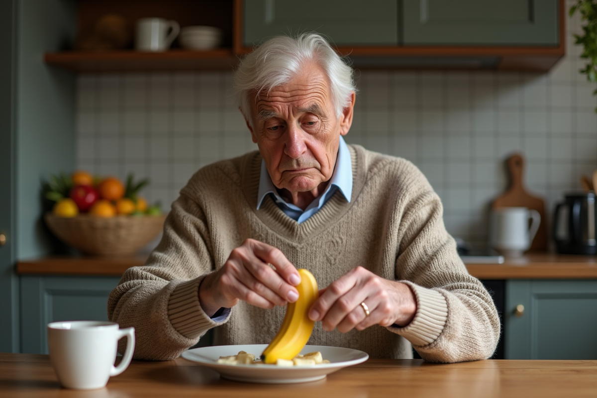 Homme âgé pelant une banane dans sa cuisine
