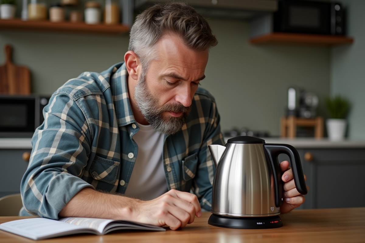 Homme d age vérifiant les symboles sur un kettle électrique