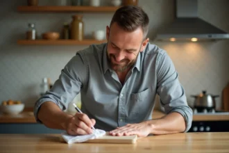 Homme appliquant de l'huile sur une planche en bois dans une cuisine