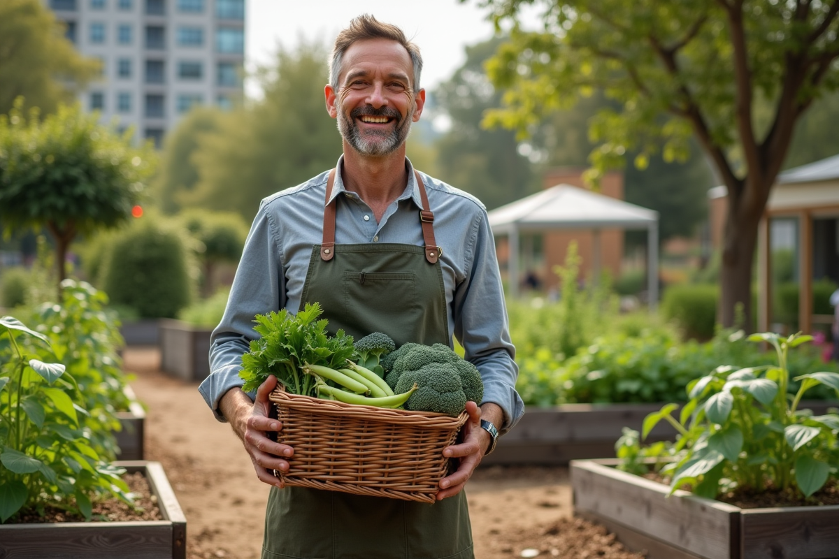 Homme dans un jardin communautaire tenant un panier de légumes frais