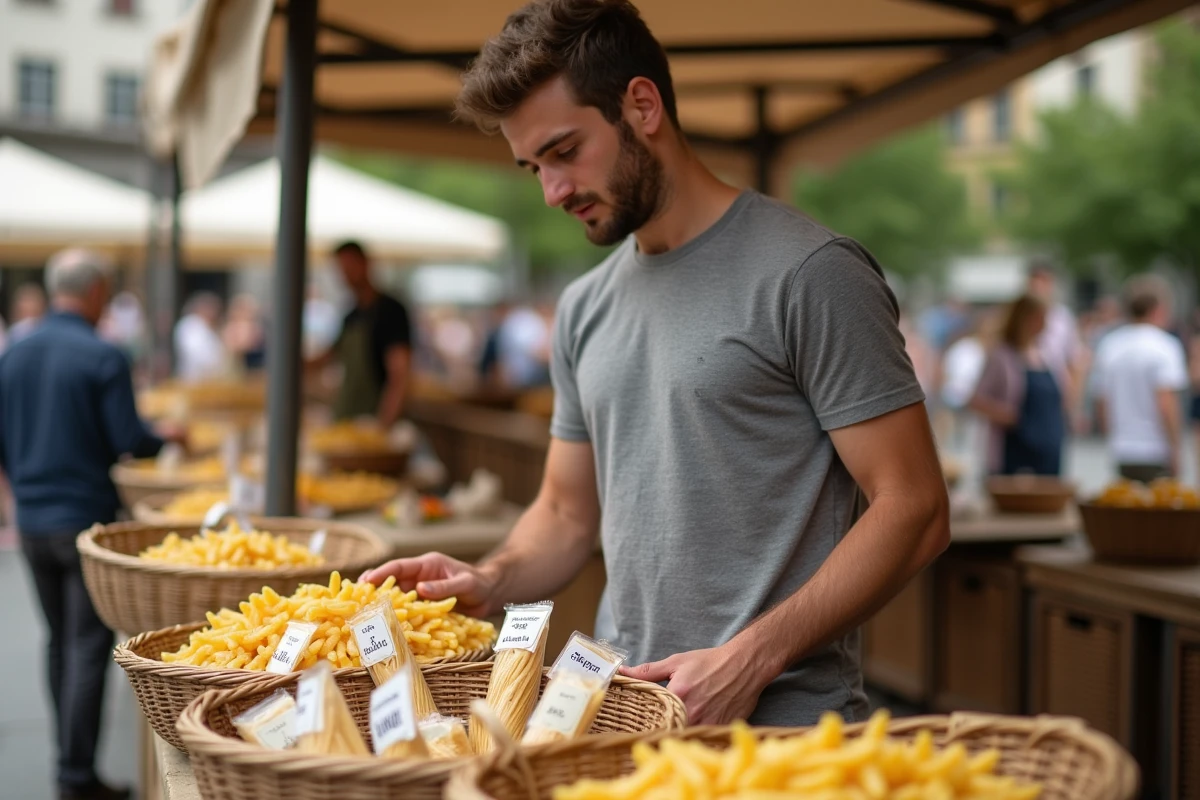 Homme choisissant des pâtes au marché en plein air