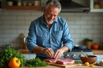 Homme d'âge moyen marinant du porc avec herbes et moutarde dans une cuisine chaleureuse