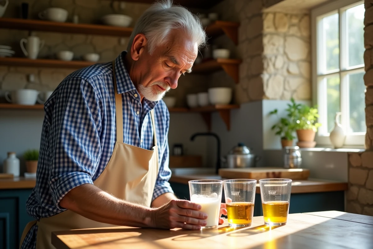 Homme âgé compare liquides dans la cuisine rustique