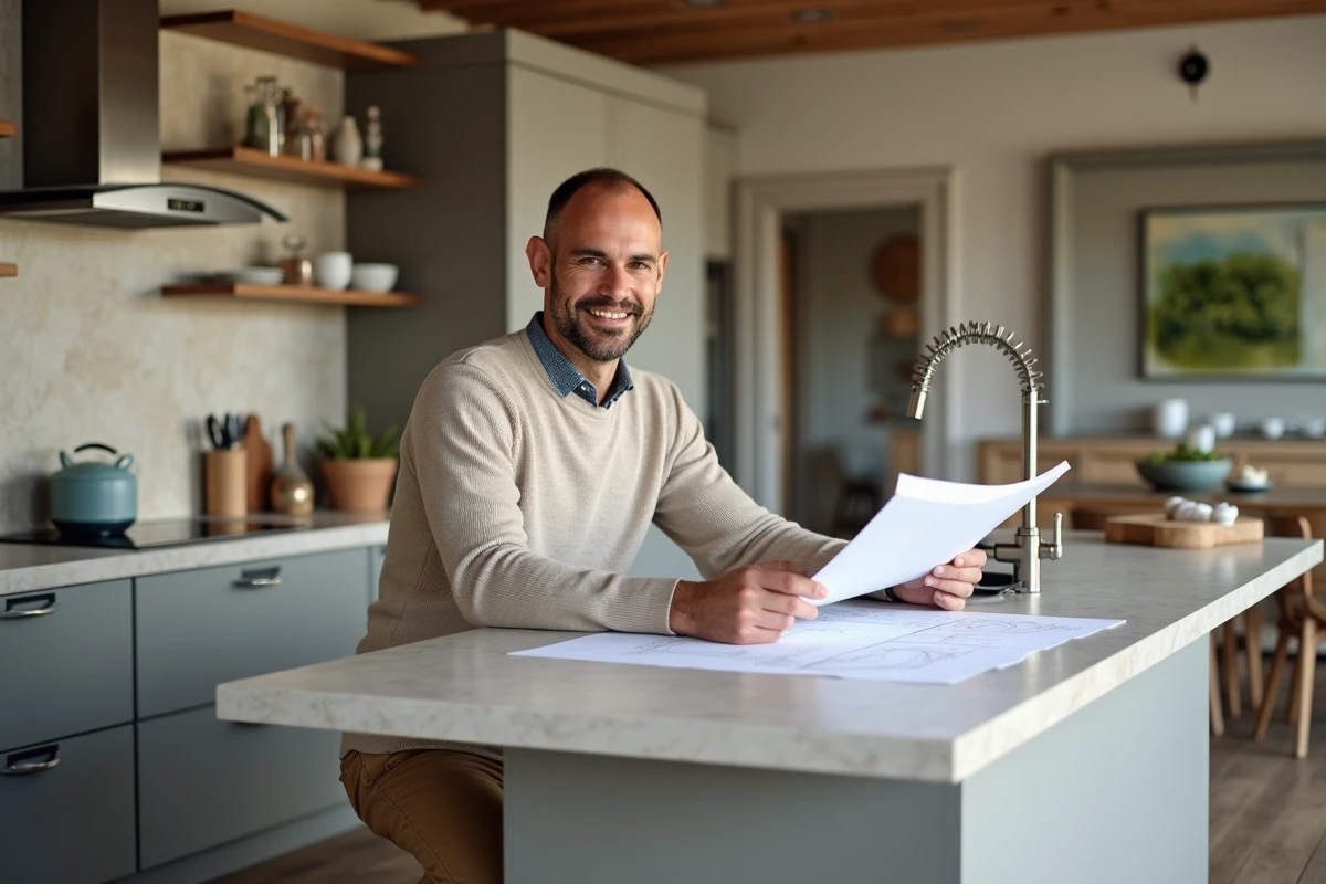 Homme regardant des plans de renovation dans une cuisine contemporaine