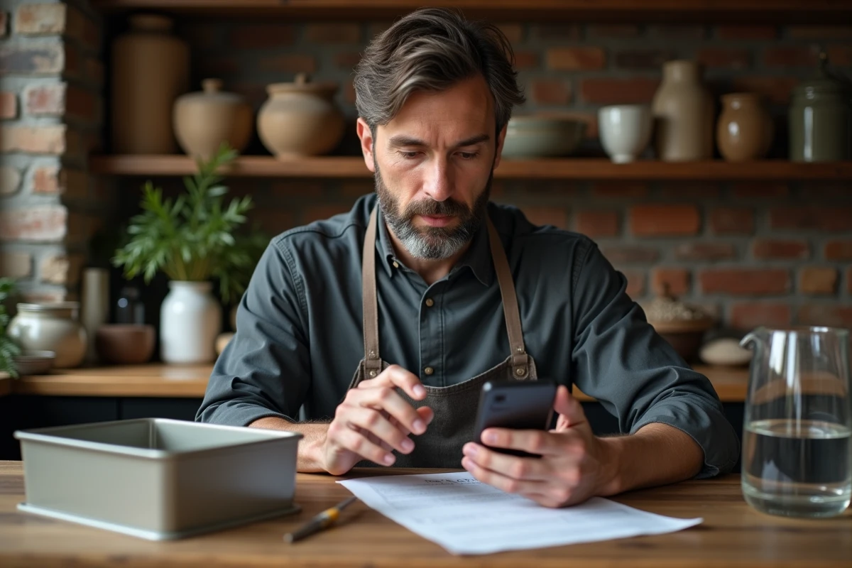 Homme consultant une recette et une calculatrice pour convertir des grammes en centilitres avec deux moules différents sur une table en bois rustique
