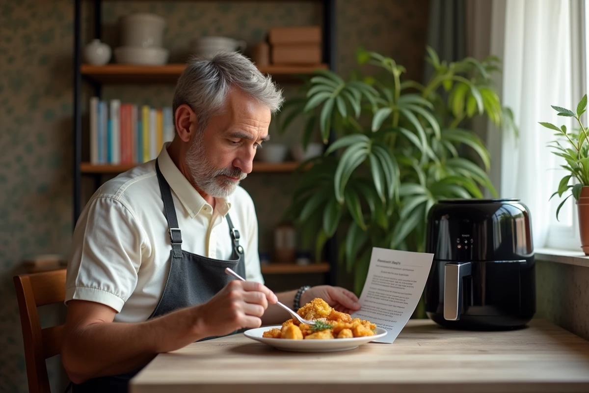 Homme dégustant un repas maison avec airfryer et recette