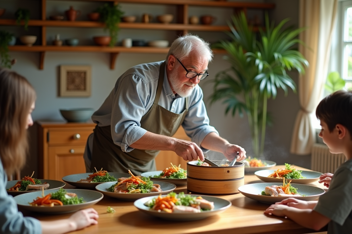 Homme âgé sert un repas vapeur de poisson et légumes à la famille