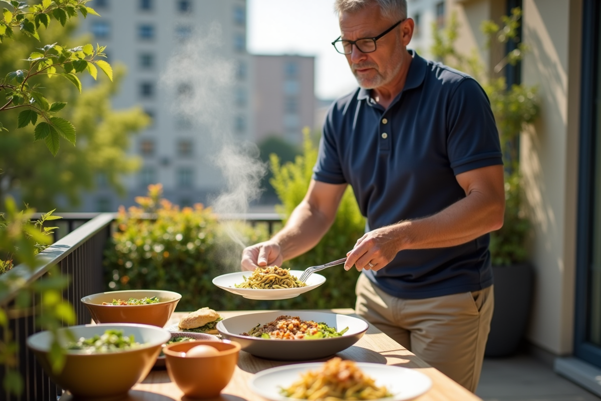 Homme sert un bol de zucchini noodles sur un balcon ensoleille