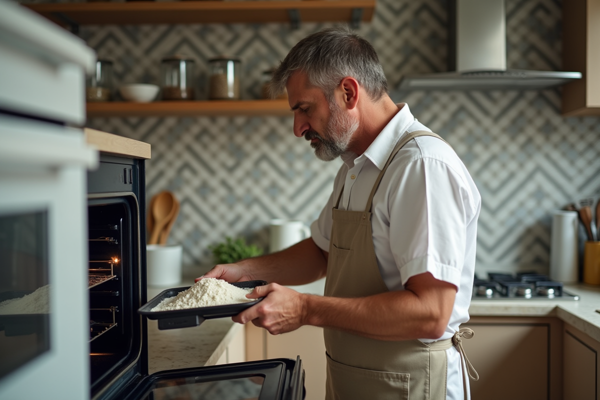 Homme plaçant de la farine dans le four pour tester la chaleur