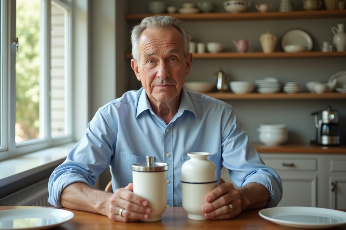 Homme examinant des cartouches de chantilly dans une salle à manger lumineuse