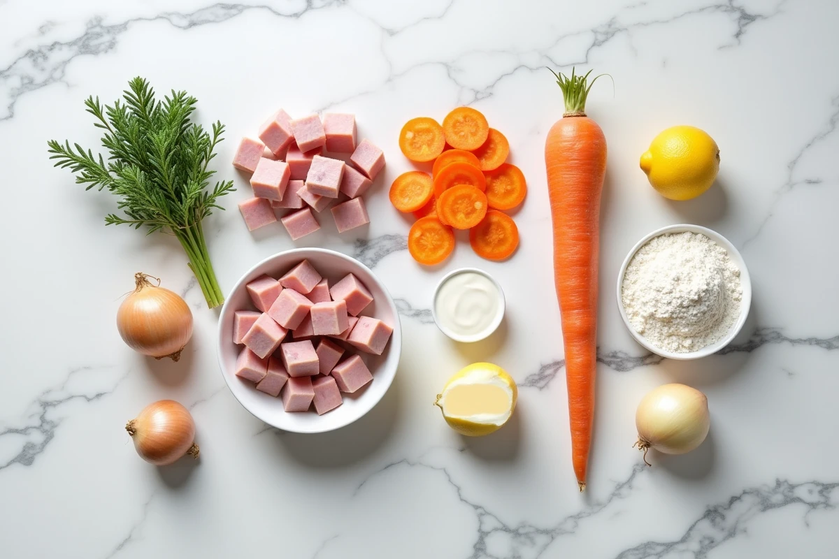 Ingrédients frais pour une blanquette de veau disposés sur un comptoir en marbre blanc, incluant veau, légumes, crème fraîche et épices