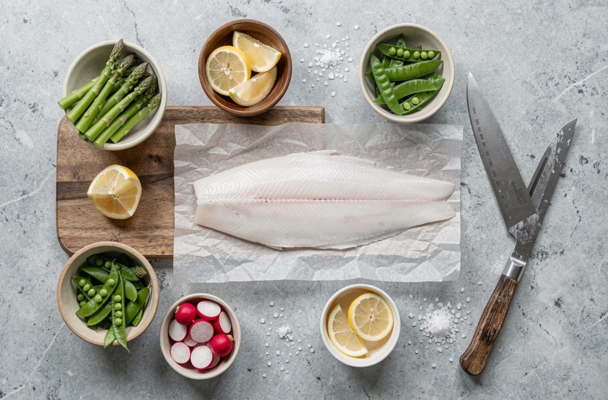Vue du dessus des ingrédients frais pour préparer un plat de poisson blanc et légumes de saison sur un plan de travail en pierre