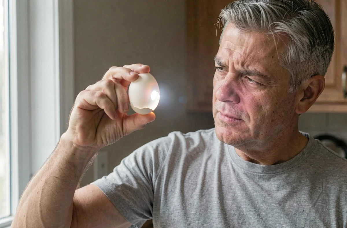 Homme inspectant un œuf par transparence avec une lampe de poche pour tester sa fraîcheur à la maison