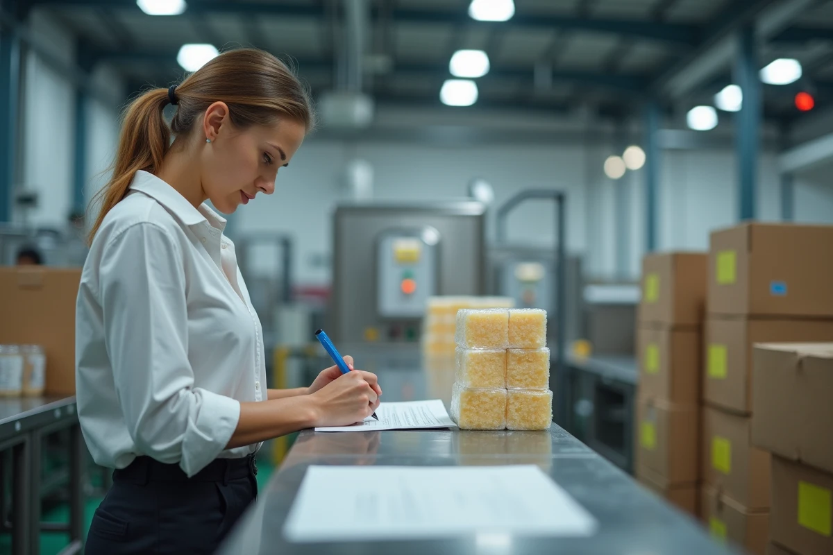 Jeune femme inspectant des cubes de sucre en usine