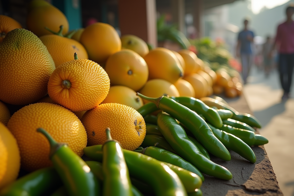 Jalapenos et jacquier frais dans un marché en plein air