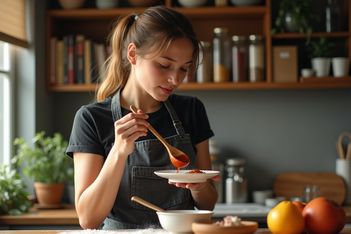 Jeune cuisiniere goûtant une sauce dans une cuisine chaleureuse