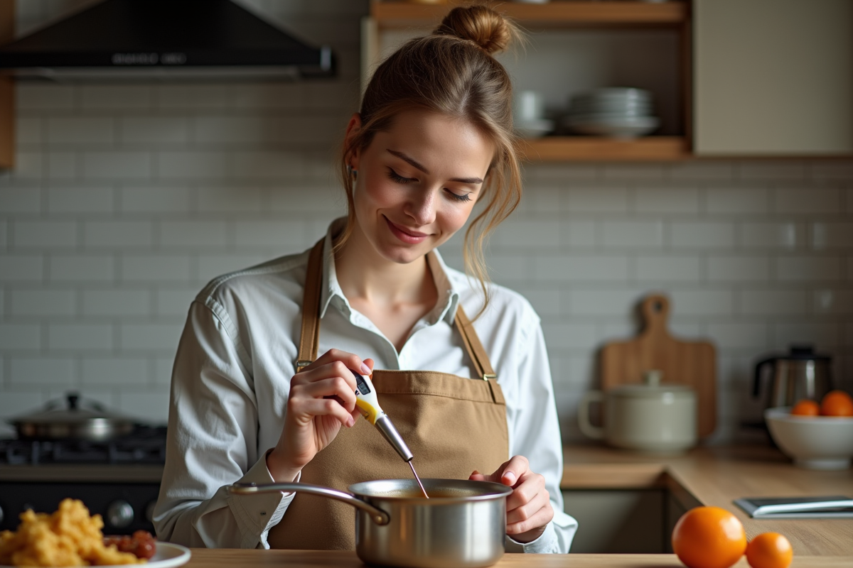 Jeune femme vérifiant la température du caramel chaud