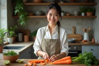Jeune femme épluchant des carottes dans une cuisine moderne