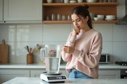 Jeune femme en cuisine compare un verre d'eau et une balance