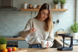 Jeune femme verse de l'eau dans une tasse en cuisine moderne