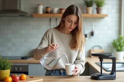 Jeune femme verse de l'eau dans une tasse en cuisine moderne