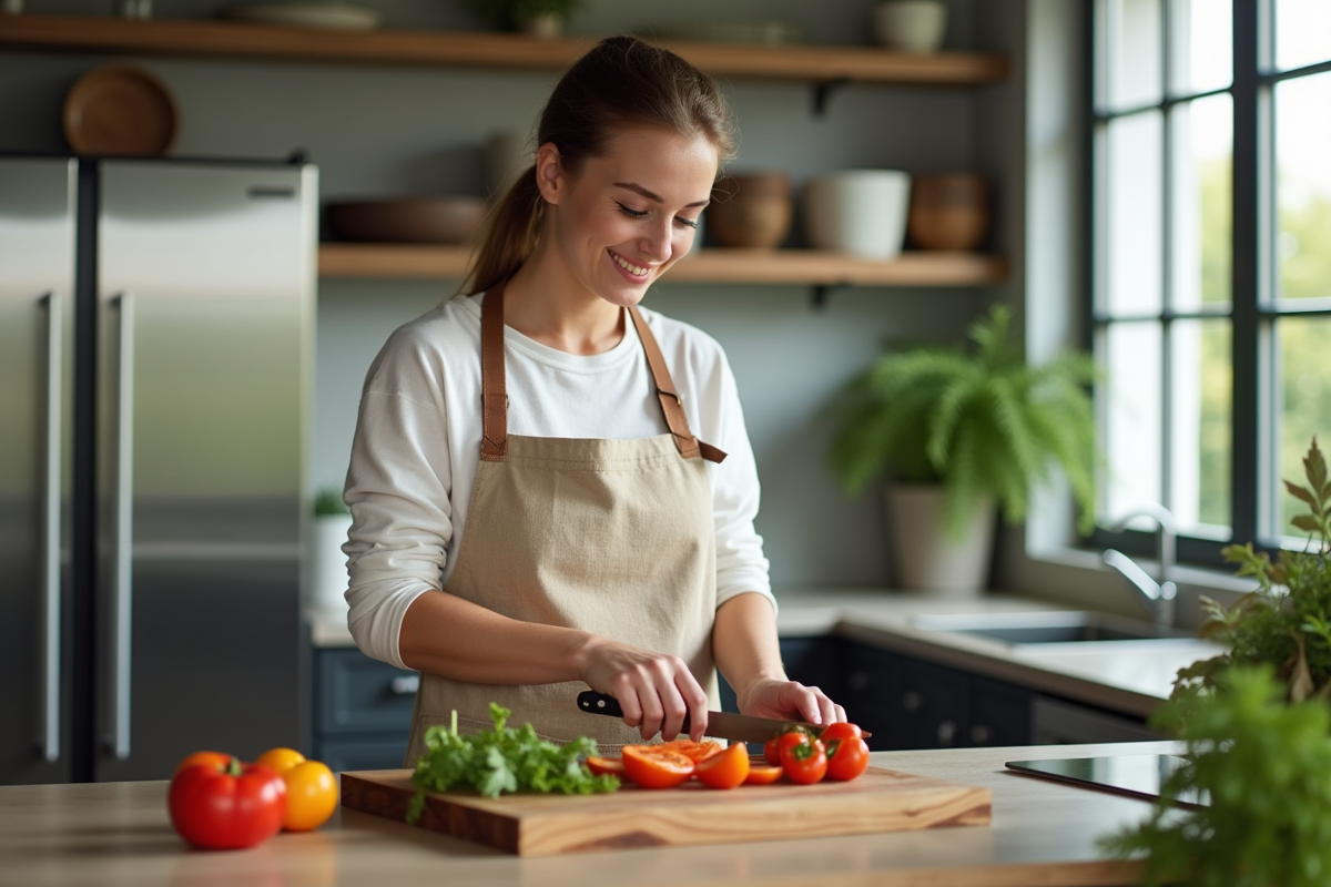 Jeune femme coupant des légumes sur une planche en bois violet