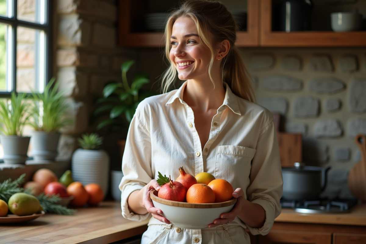 Jeune femme avec bol de fruits detox colorés