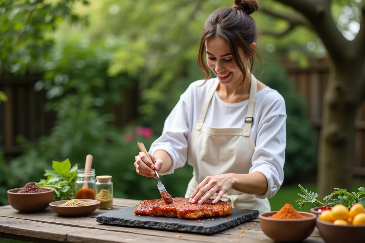 Jeune femme en extérieur préparant du porc mariné sur un gril dans un jardin