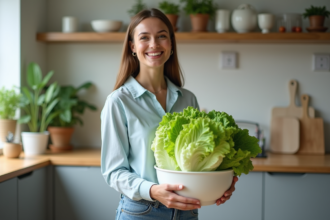 Jeune femme souriante avec laitue iceberg dans une cuisine moderne
