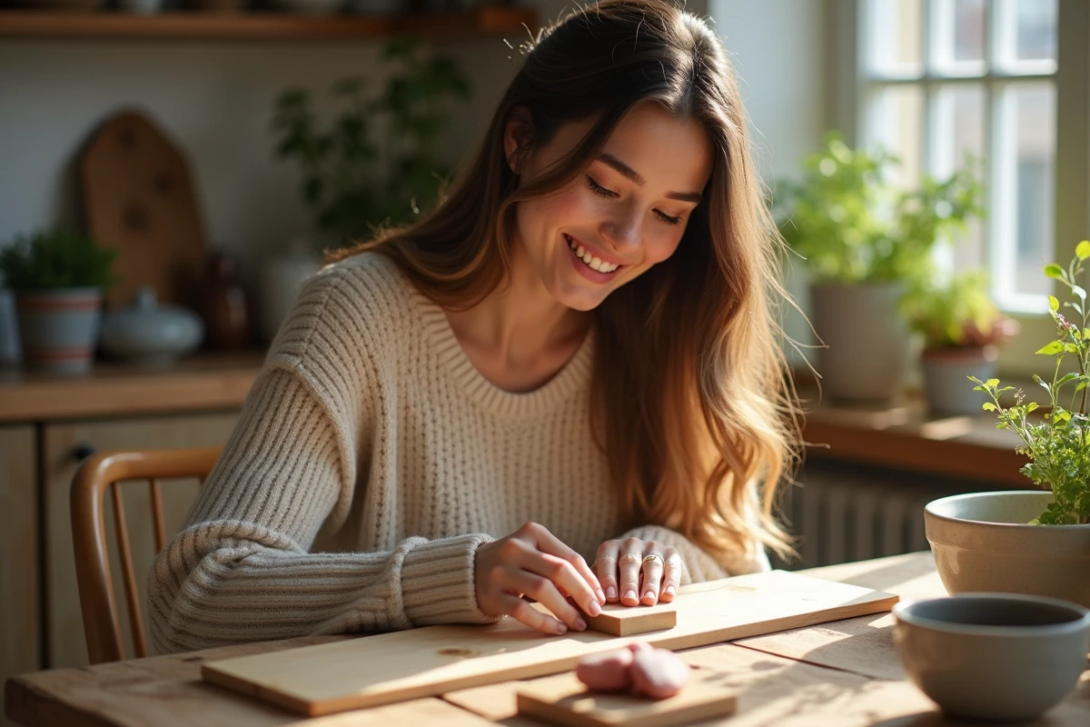 Jeune femme ponçant une planche en bois dans une salle lumineuse
