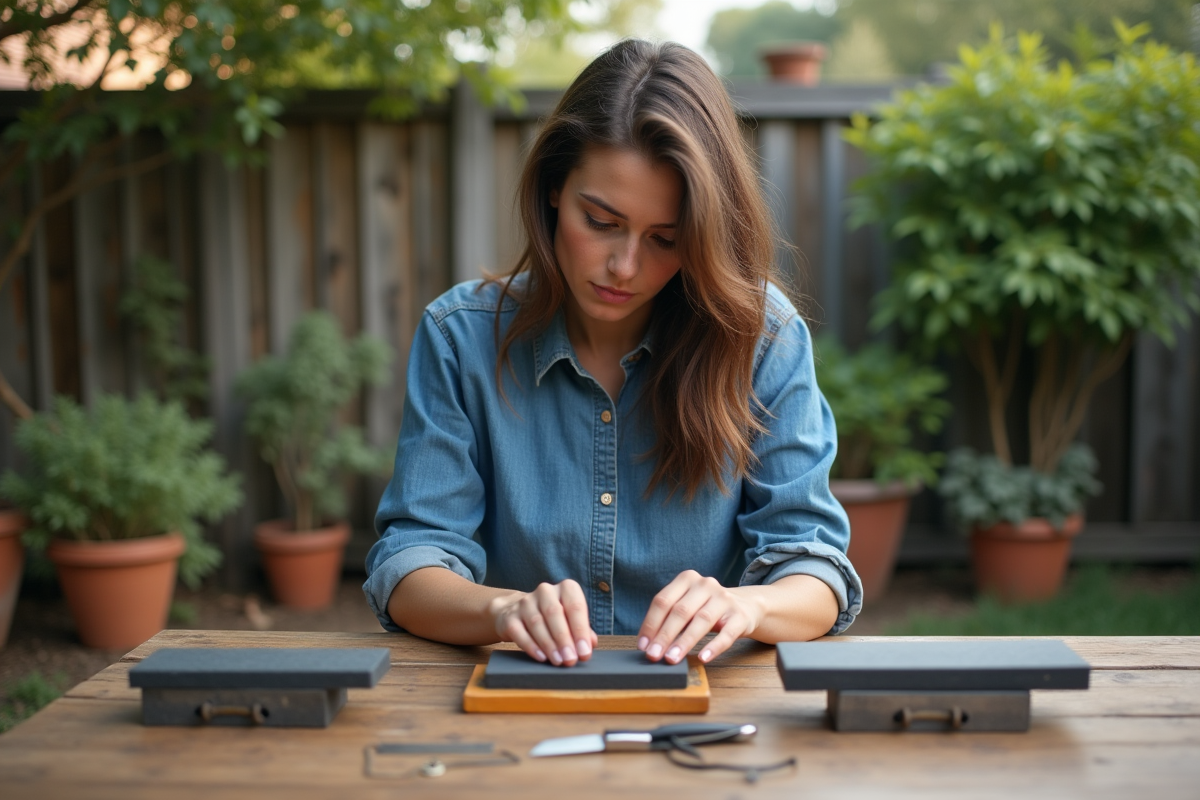 Jeune femme inspectant des outils de couteau dans un jardin
