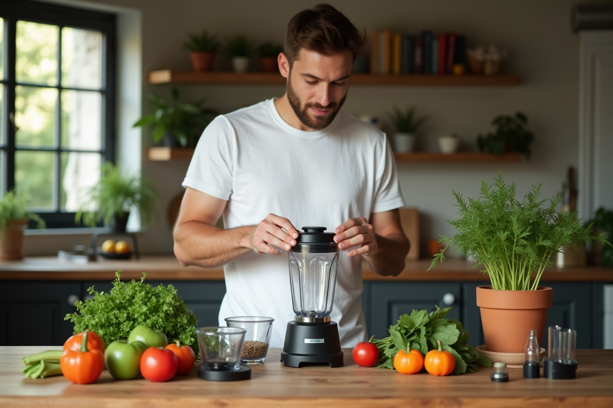 Jeune homme assemble un blender sur une table en bois