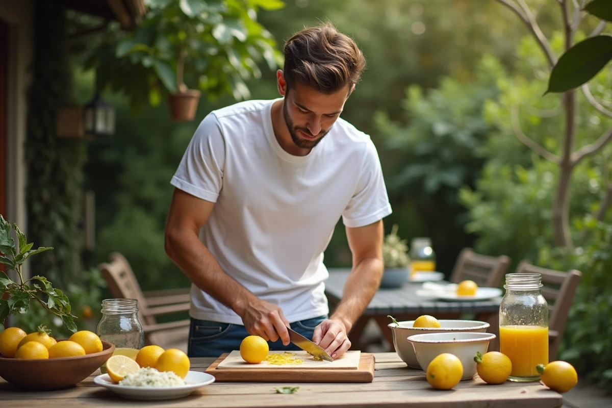 Jeune homme coupant des citrons en extérieur